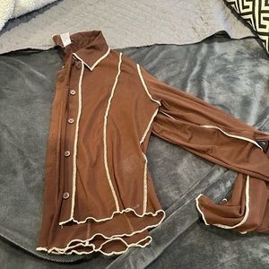 Brown sheer white stitched button down long sleeve top